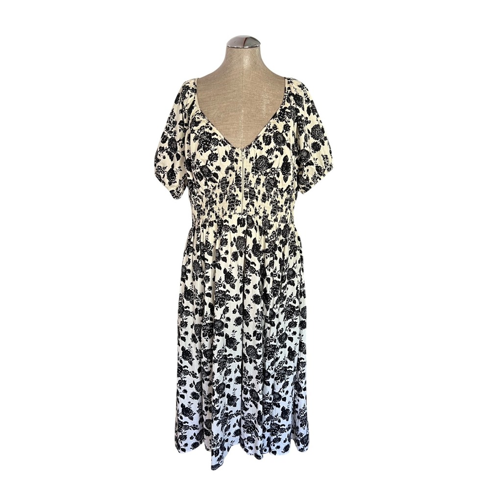 The Drop Daksha Black White Floral Cotton Smocked Midi Dress XXL Pockets